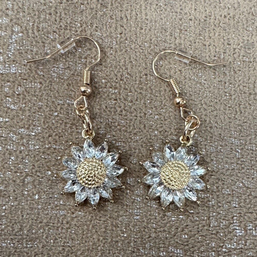 New Gold Sunflower with rhinestones dangle Earrings